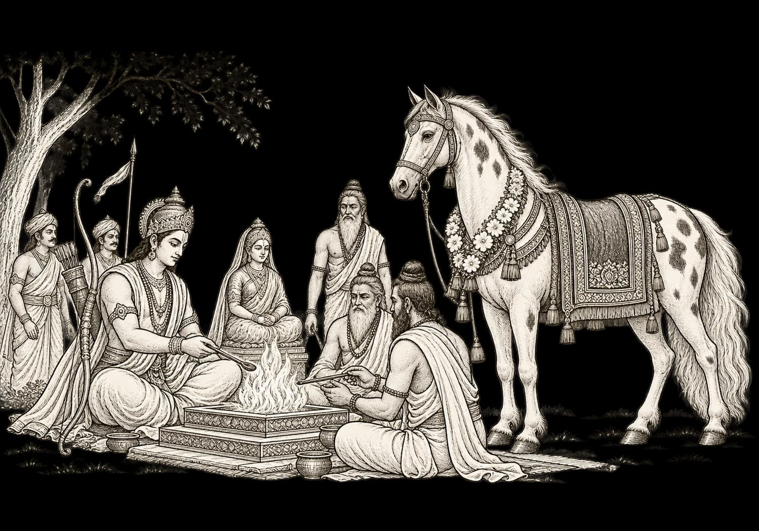 Hand-drawn interpretation of Rama’s Ashwamedha yajna from the Ramayana, with Rama, sages, Sita’s effigy, and the ceremonial horse.